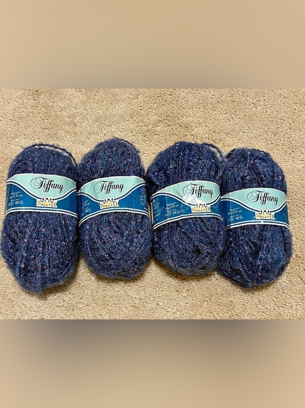 Vintage Phentex Tiffany Yarn Bundle - 4 Skeins (Midnight Blue/Flecked) NWT